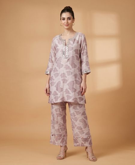 Blush Abstract Print Embellished Co-Ord Set